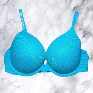Victoria’s Secret PINK Blue Leopard Push Up Bra Rhinestone Straps 32C
